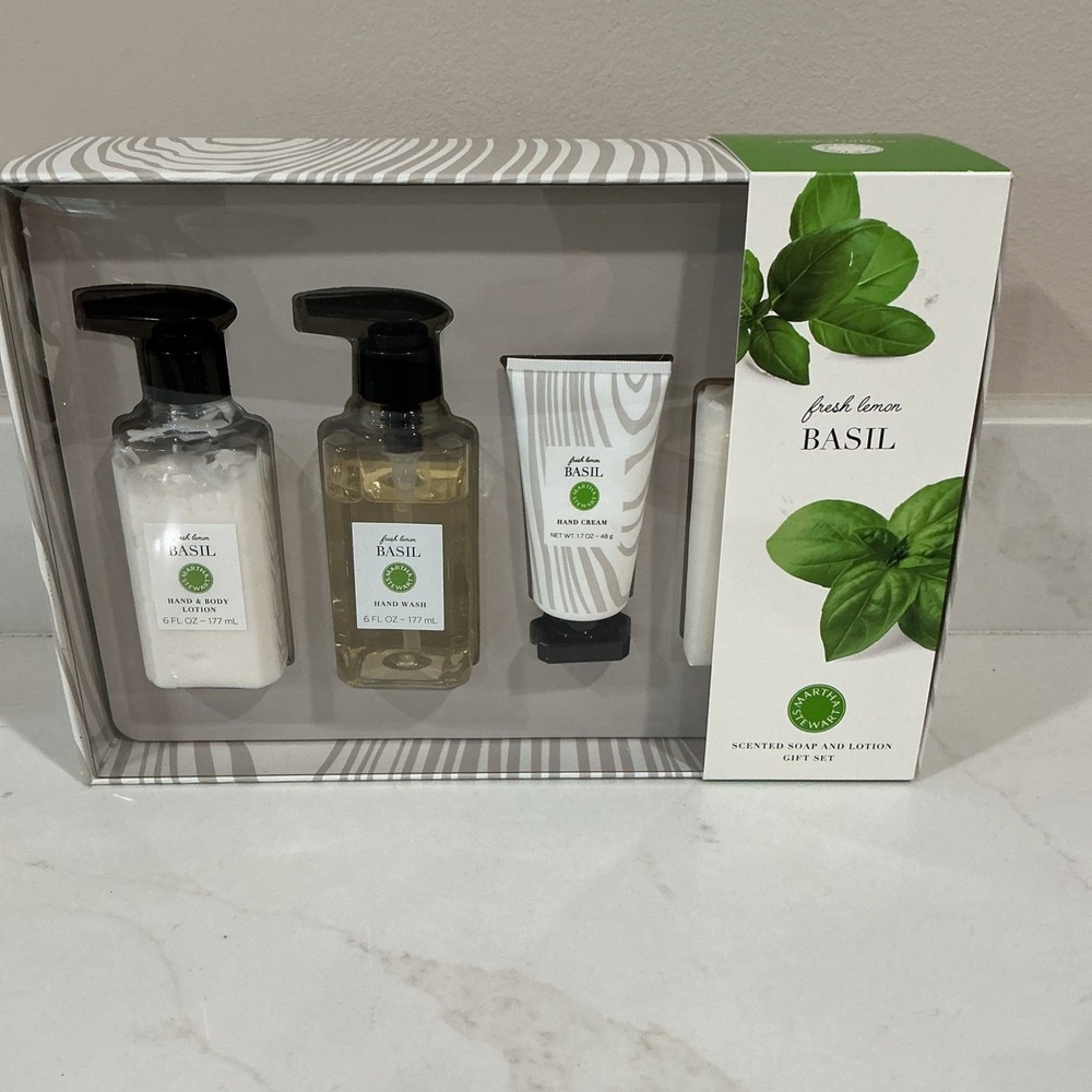 Martha Stewart Fresh Lemon Basil Scented Lotion Soap 4 Piece Gift Set Box NOS